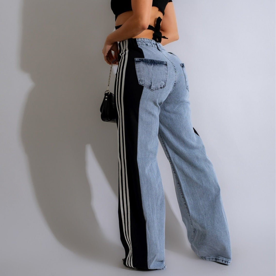 2024 Fashion Casual High Waist Elastic Straight Leg Trousers Three Stripe Patchwork Denim Wide Leg Pants Streetwear - ÉclairNoir