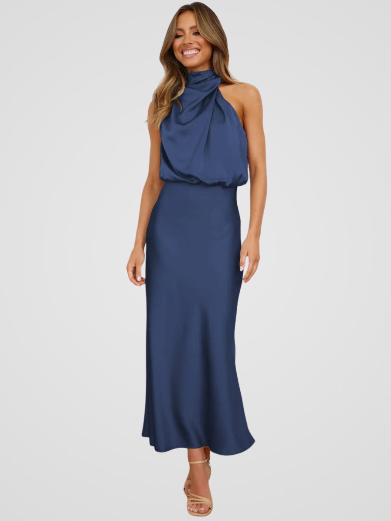 Élia™ | Robe midi à col bénitier et drapé élégant