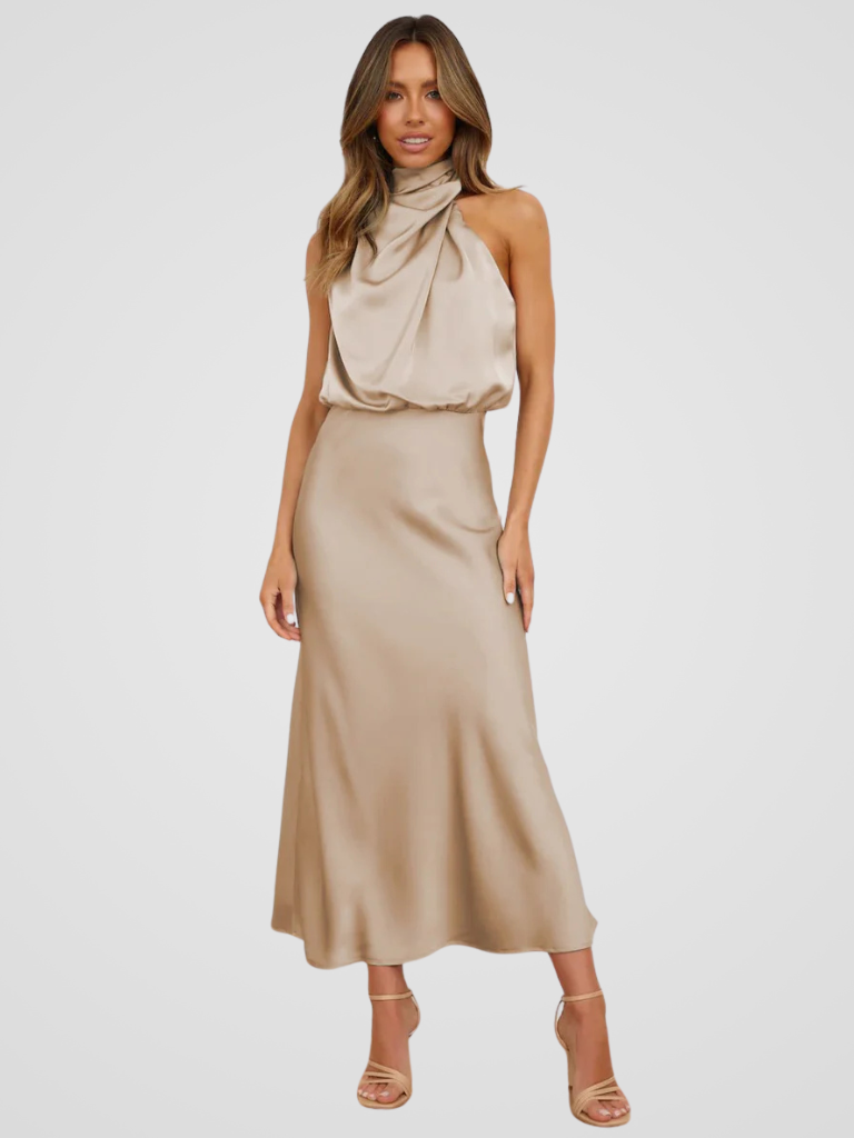 Élia™ | Robe midi à col bénitier et drapé élégant
