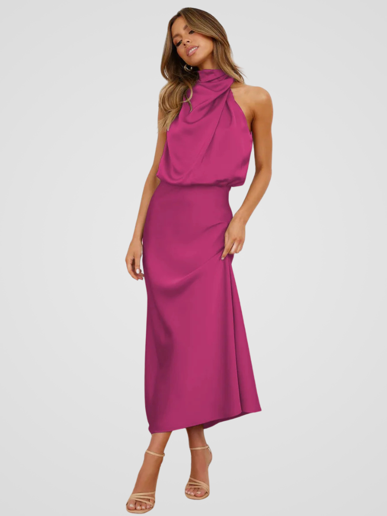 Élia™ | Robe midi à col bénitier et drapé élégant