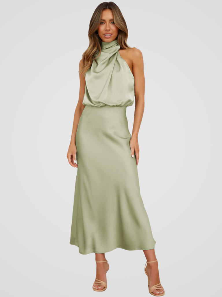 Élia™ | Robe midi à col bénitier et drapé élégant