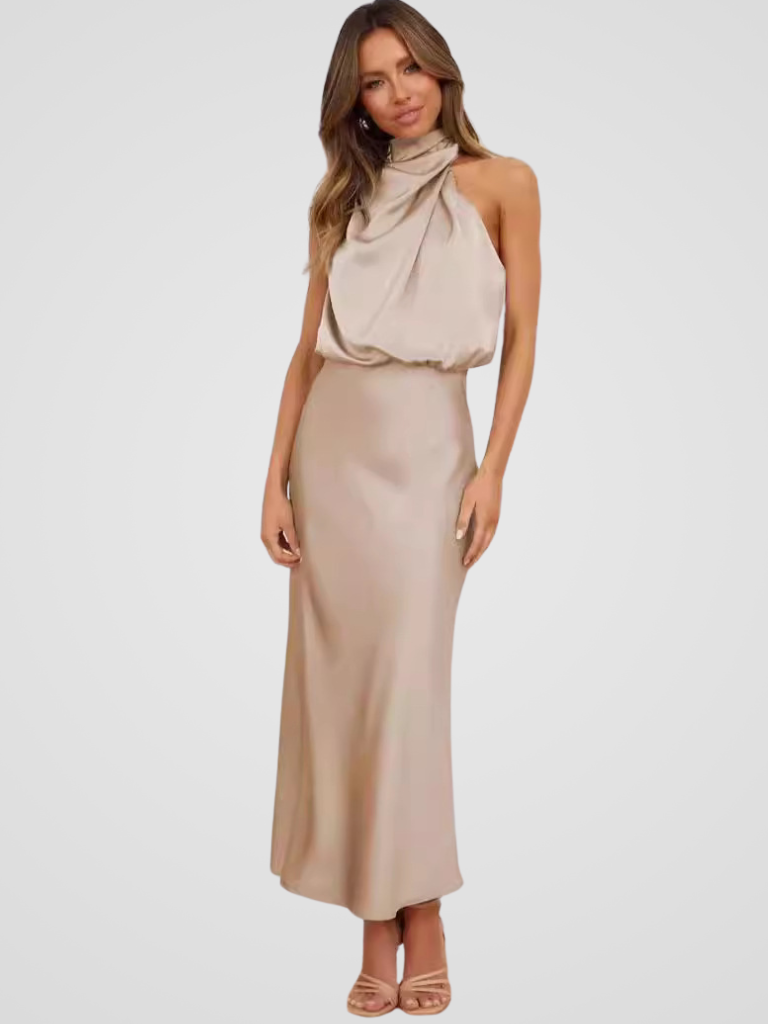 Élia™ | Robe midi à col bénitier et drapé élégant