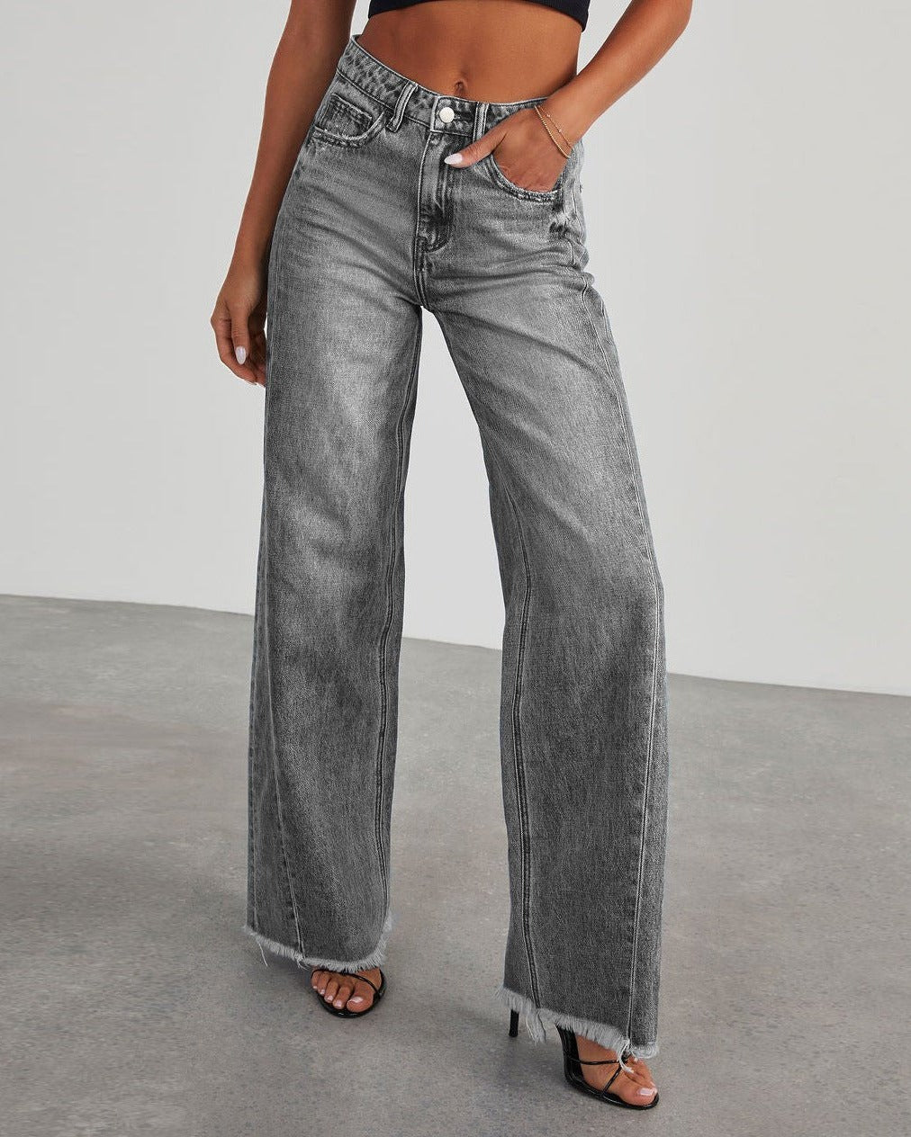 Fashion High Waist Jeans With Pockets Comfortable Slim Fit Straight Wide - leg Pants Womens Clothing - bluemoonbenelux