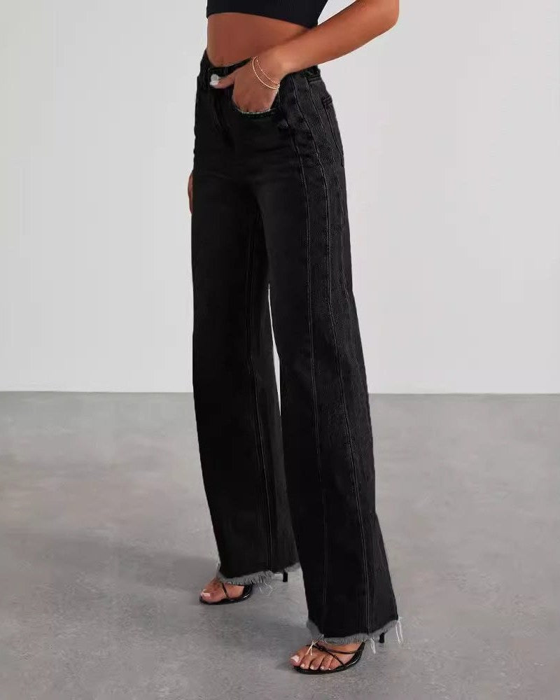 Fashion High Waist Jeans With Pockets Comfortable Slim Fit Straight Wide - leg Pants Womens Clothing - bluemoonbenelux