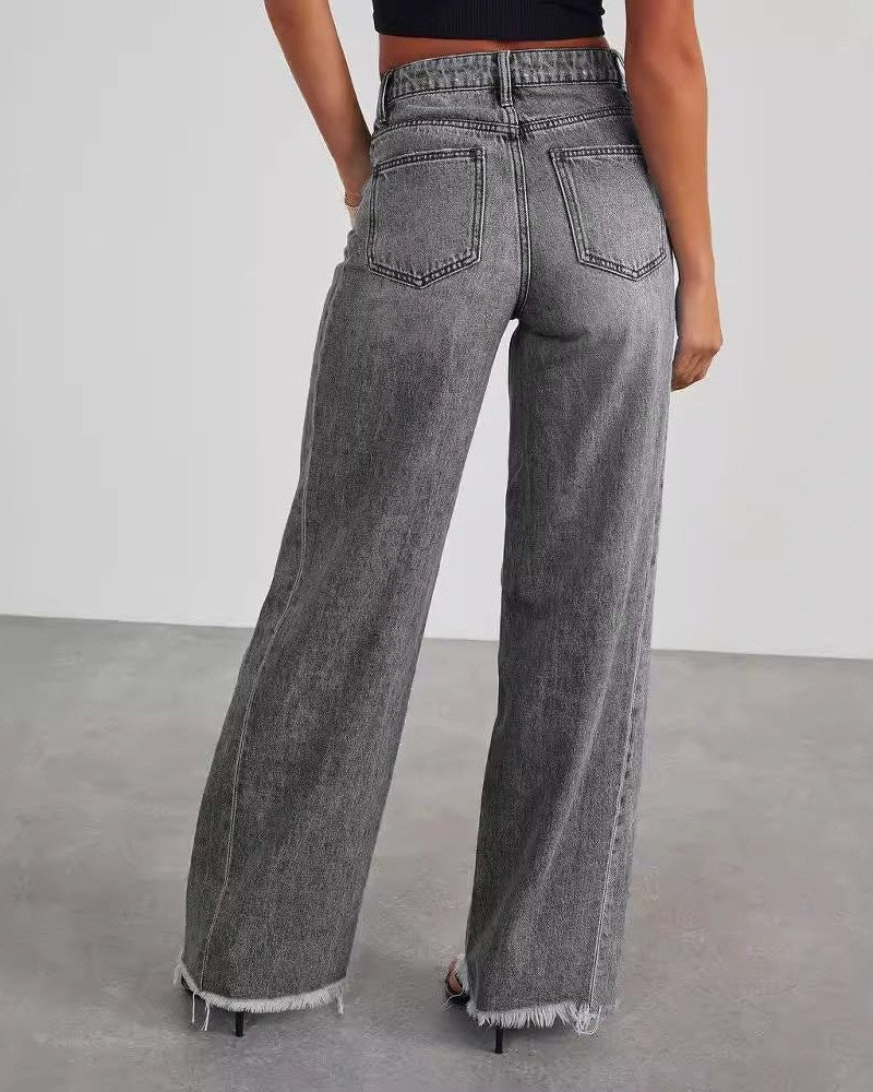 Fashion High Waist Jeans With Pockets Comfortable Slim Fit Straight Wide - leg Pants Womens Clothing - bluemoonbenelux
