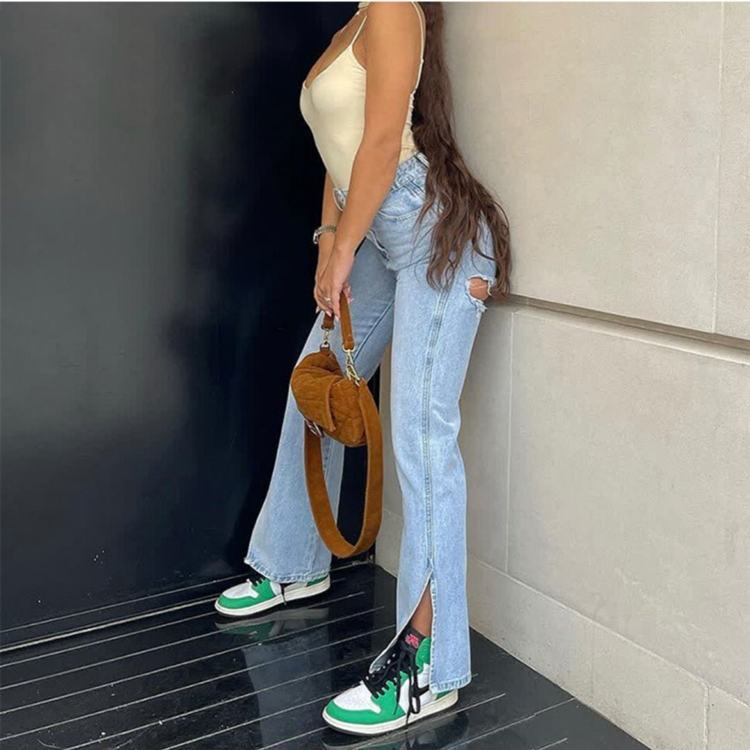High Waist Stretch Ripped Hem Slit Denim Trousers For Women - ÉclairNoir