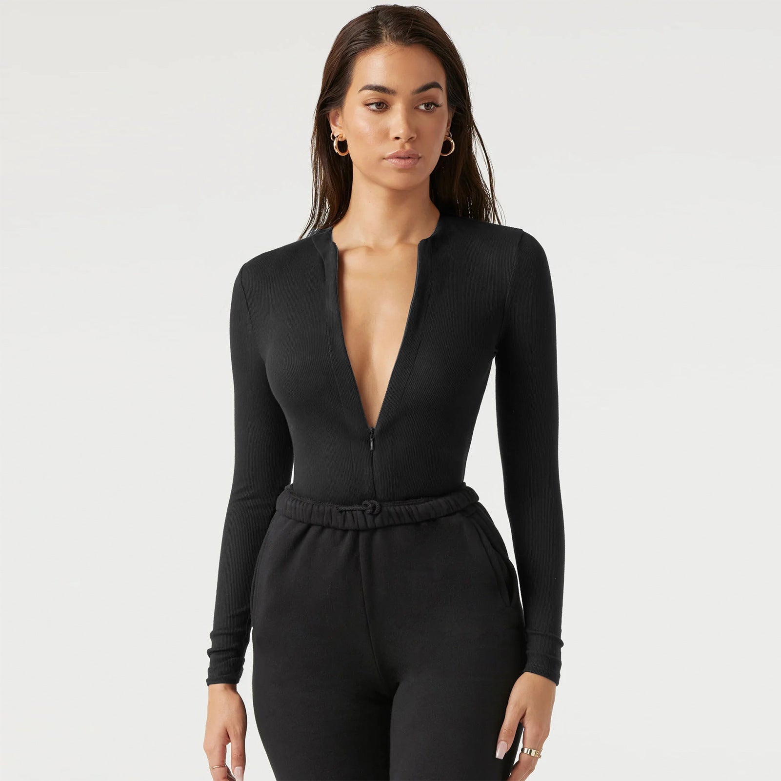Long Sleeve Zipper Jumpsuit Fashion V - Neck Slim Fit Knitted Corset Body Shaper Clothing For Dress Sports Yoga Romper - ÉclairNoir