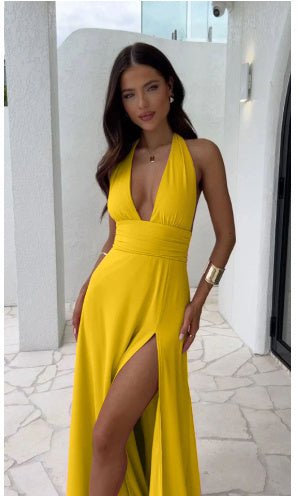 Sexy Halterneck V - neck Slit Dress Summer Backless Strappy Skirt Fashion Temperament Clothing Women - bluemoonbenelux