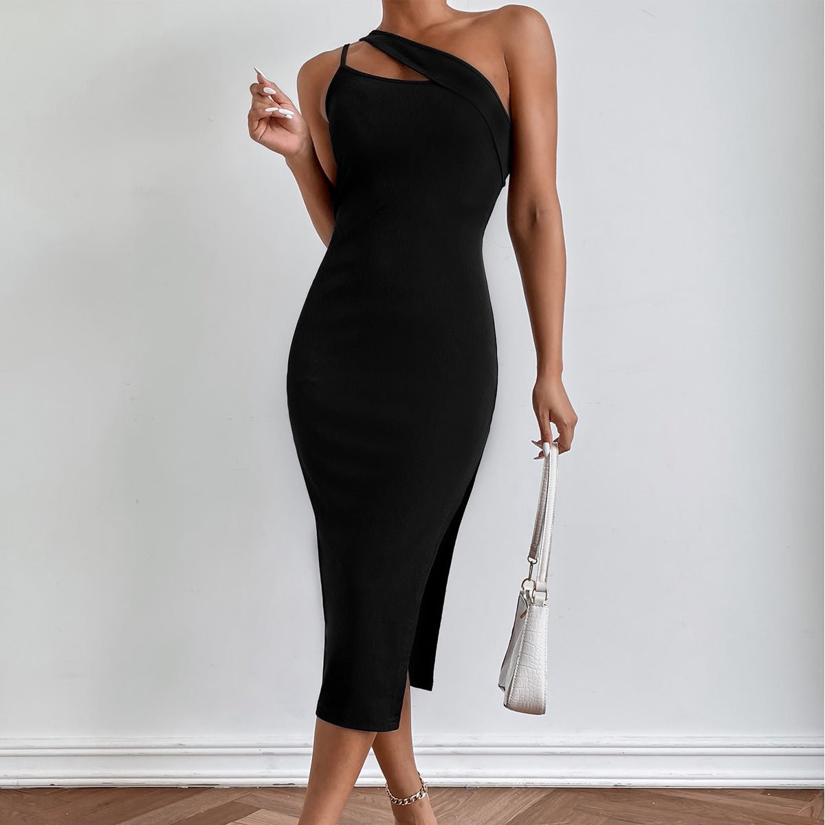 Slit Shoulder Bag Hip Skirt Irregular Slim Slimming Open Back Dress - ÉclairNoir
