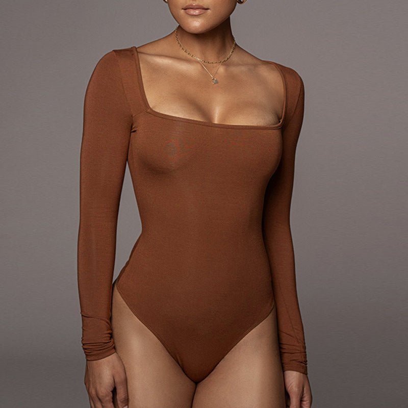 Women's Sexy Square Neck Bodysuit Long Sleeve Double Lined Shirt Tops - ÉclairNoir