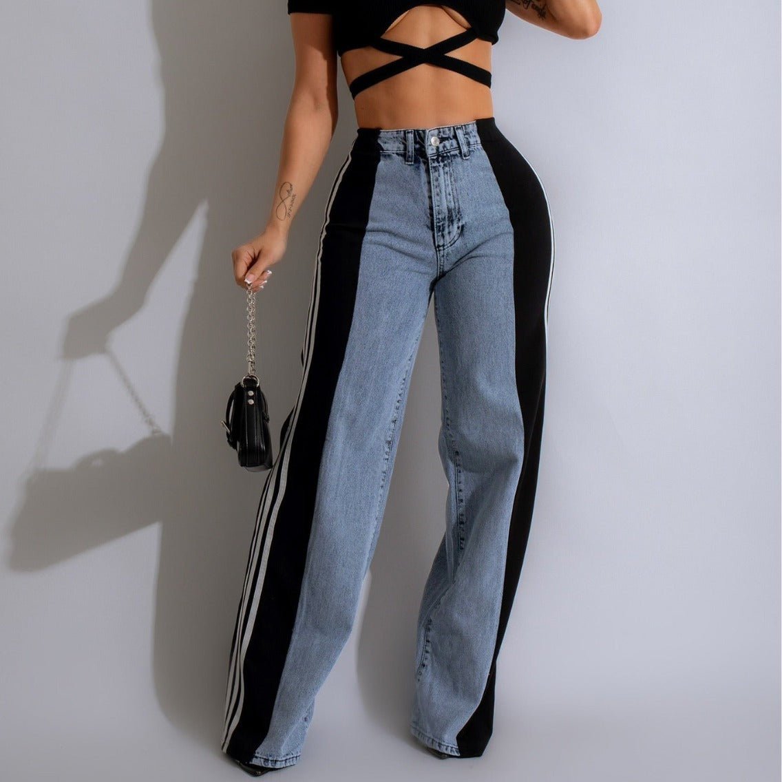 2024 Fashion Casual High Waist Elastic Straight Leg Trousers Three Stripe Patchwork Denim Wide Leg Pants Streetwear - ÉclairNoir
