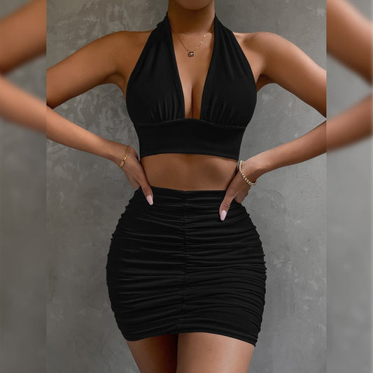 2pcs Dress Suits For Women Halter Lace - up Hip Top And Pleated Hip - covering Skirt - ÉclairNoir