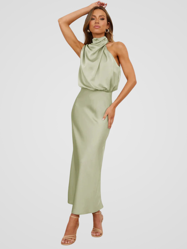 Élia™ | Robe midi à col bénitier et drapé élégant