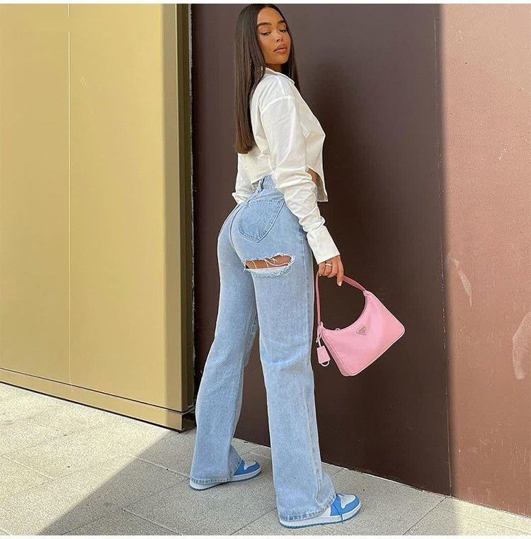 High Waist Stretch Ripped Hem Slit Denim Trousers For Women - ÉclairNoir
