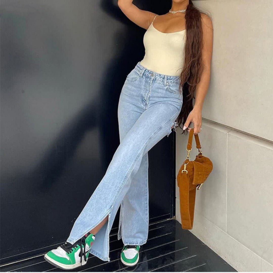 High Waist Stretch Ripped Hem Slit Denim Trousers For Women - ÉclairNoir