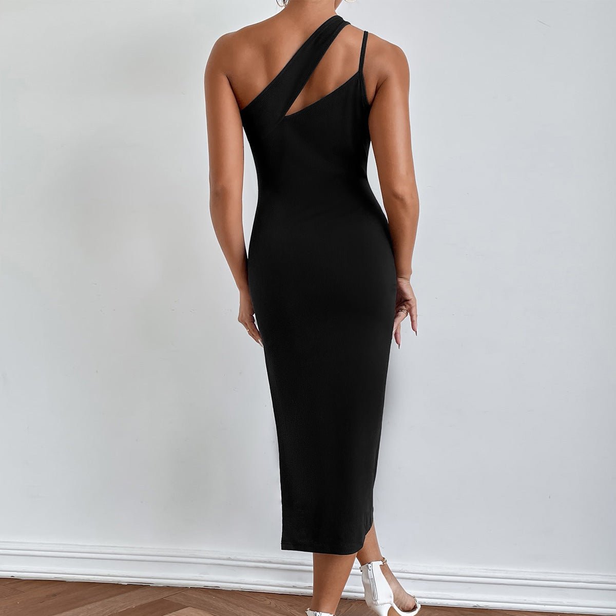 Slit Shoulder Bag Hip Skirt Irregular Slim Slimming Open Back Dress - ÉclairNoir