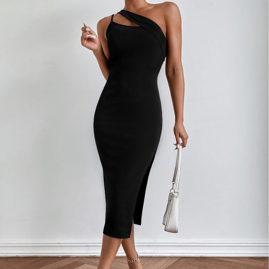 Slit Shoulder Bag Hip Skirt Irregular Slim Slimming Open Back Dress - ÉclairNoir