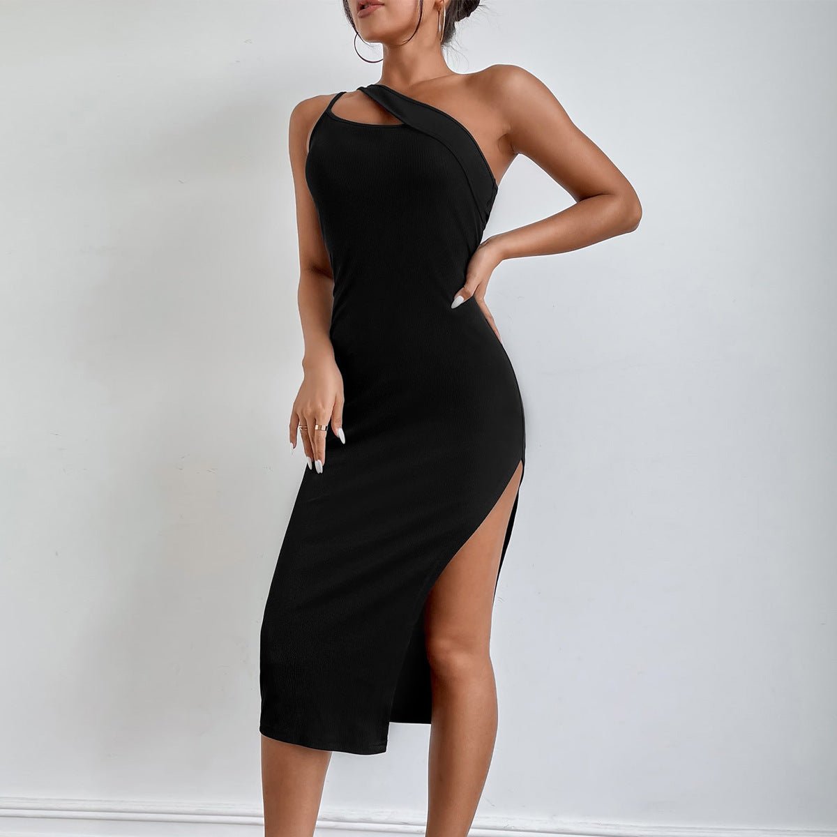 Slit Shoulder Bag Hip Skirt Irregular Slim Slimming Open Back Dress - ÉclairNoir