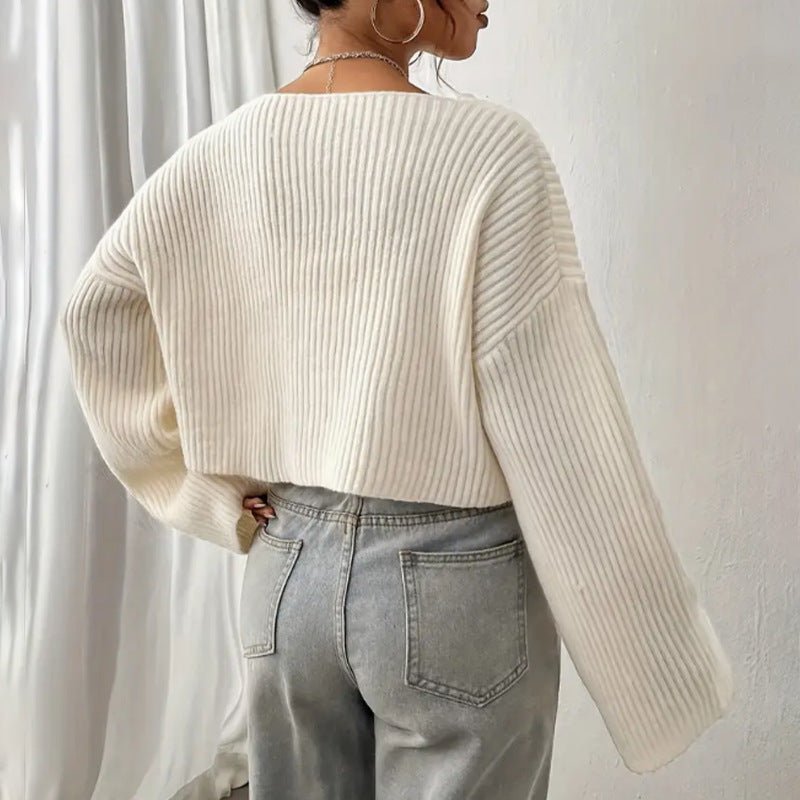 Women's Sweater Short Midriff - baring Loose Drop - shoulder Short Rib Sweater - ÉclairNoir