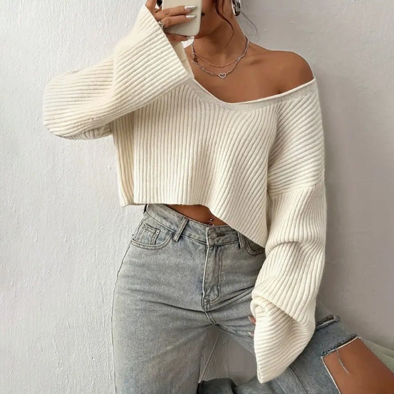 Women's Sweater Short Midriff - baring Loose Drop - shoulder Short Rib Sweater - ÉclairNoir