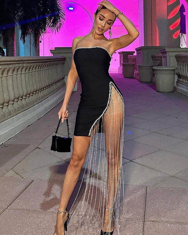 Wrapped Panel Tassel Slit Party Dress - bluemoonbenelux