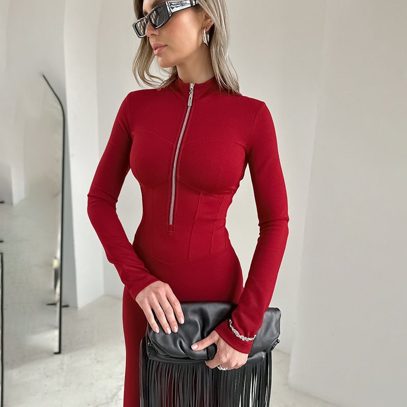 Zipper Split Slim Fit Patchwork Long Sleeve Dress - ÉclairNoir